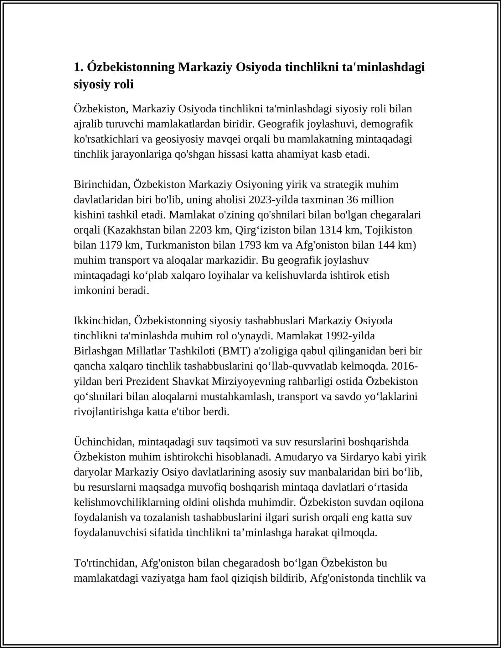 ÓZBEKISTONNING MARKAZIY OSIYODA TINCHILIK VA BARQARORLIKNI TA'MINLASHDAGI ÓRNI 4