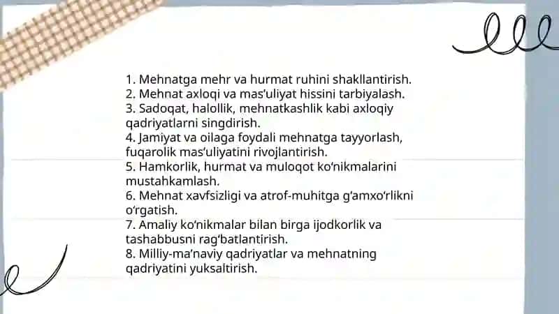 Boshlangʻich sinflarda mehnat tarbiyasining vazifalari talabalarni mehnatga axloqiy maʼnaviy va amaliy tayyorlash 4