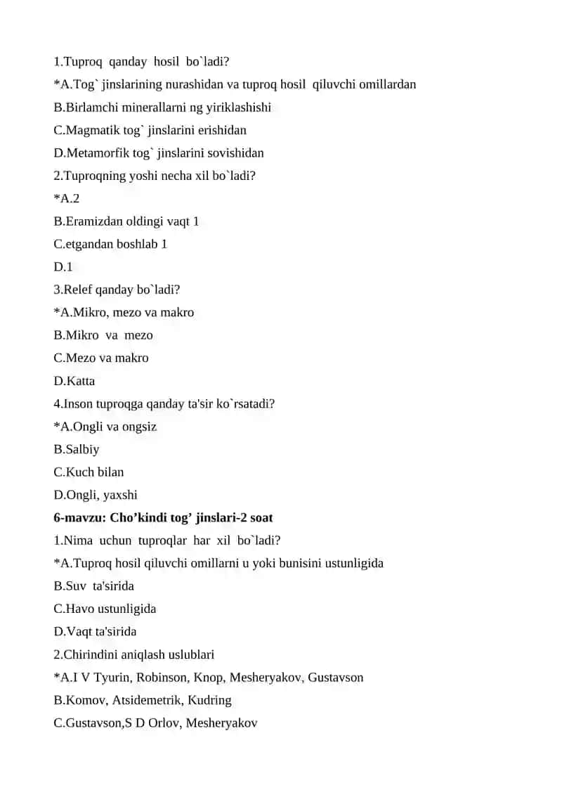 Tuproqshunoslik fanidan test 4