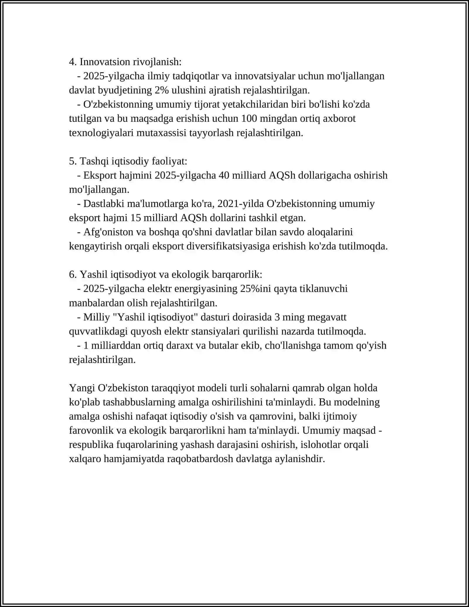 YANGI OZBEKISTON TARAQIYOT STRATEGIYASINING MAZMUNI. MOHIYATI VA YONALISHLARI 4