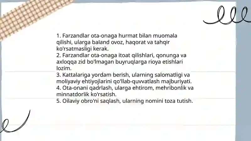 Ota onalar va farzantlarning burch majburyatlari 4