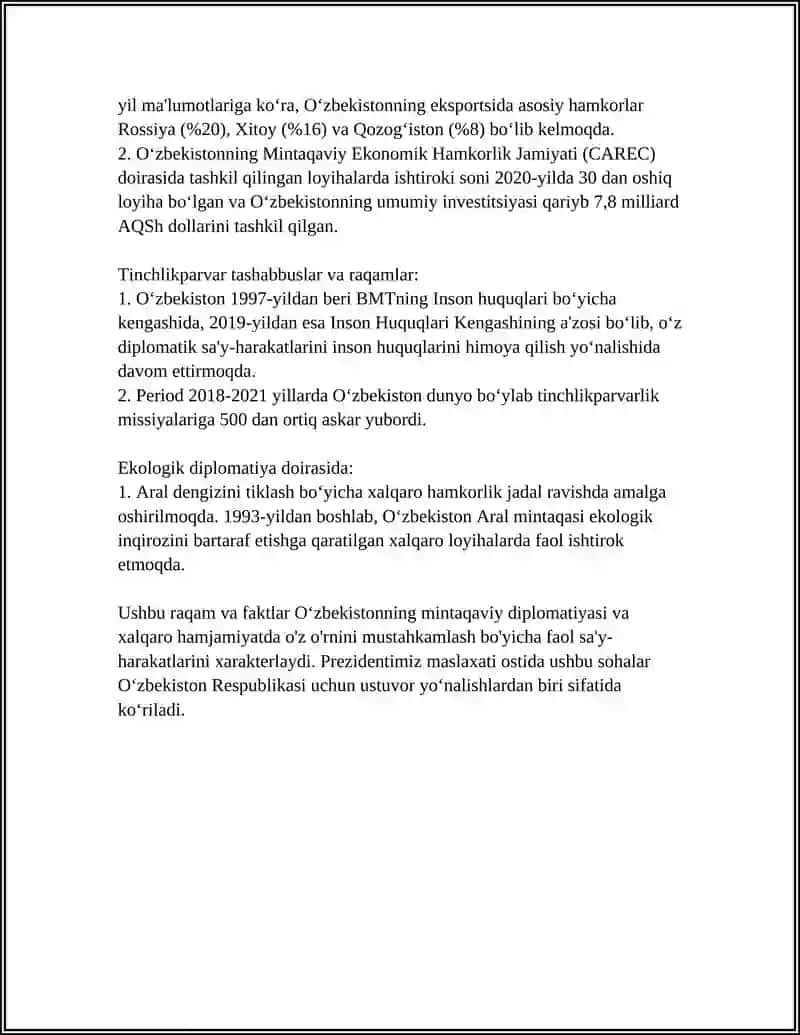 O‘ZBEKISTONNING MARKAZIY OSIYODA TINCHLIK VA BARQARORLIKNI TA’MINLASHDAGI OʻRNI 4