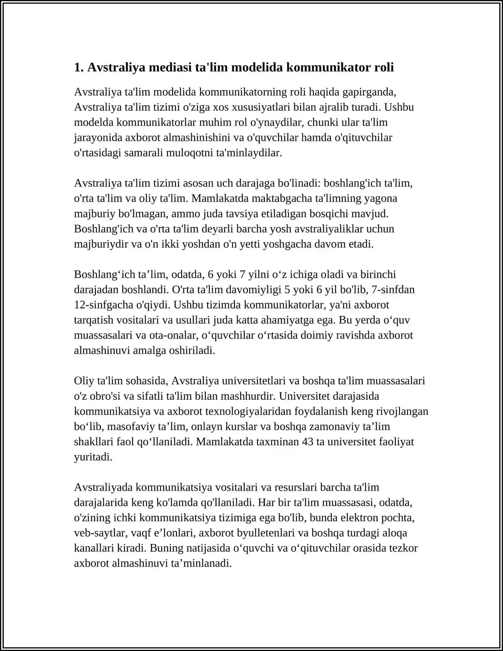 AVSTRALIYA MEDIATA'LIM MODELI-"KOMMUNIKATOR" "AXBOROT" "KANAL" "QABUL QILUVCHI" " TA'SIR" 4