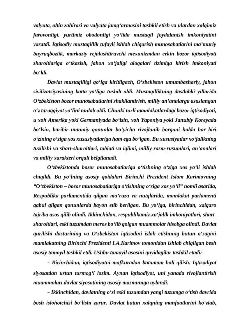IQTISODIY ISLOHOTLAR, XUSUSIY MULKCHILIKNING SHAKLLANISHI. O‘ZBEKISTONDA BOZOR MUNOSABATLARINING RIVOJLANISHI. 4