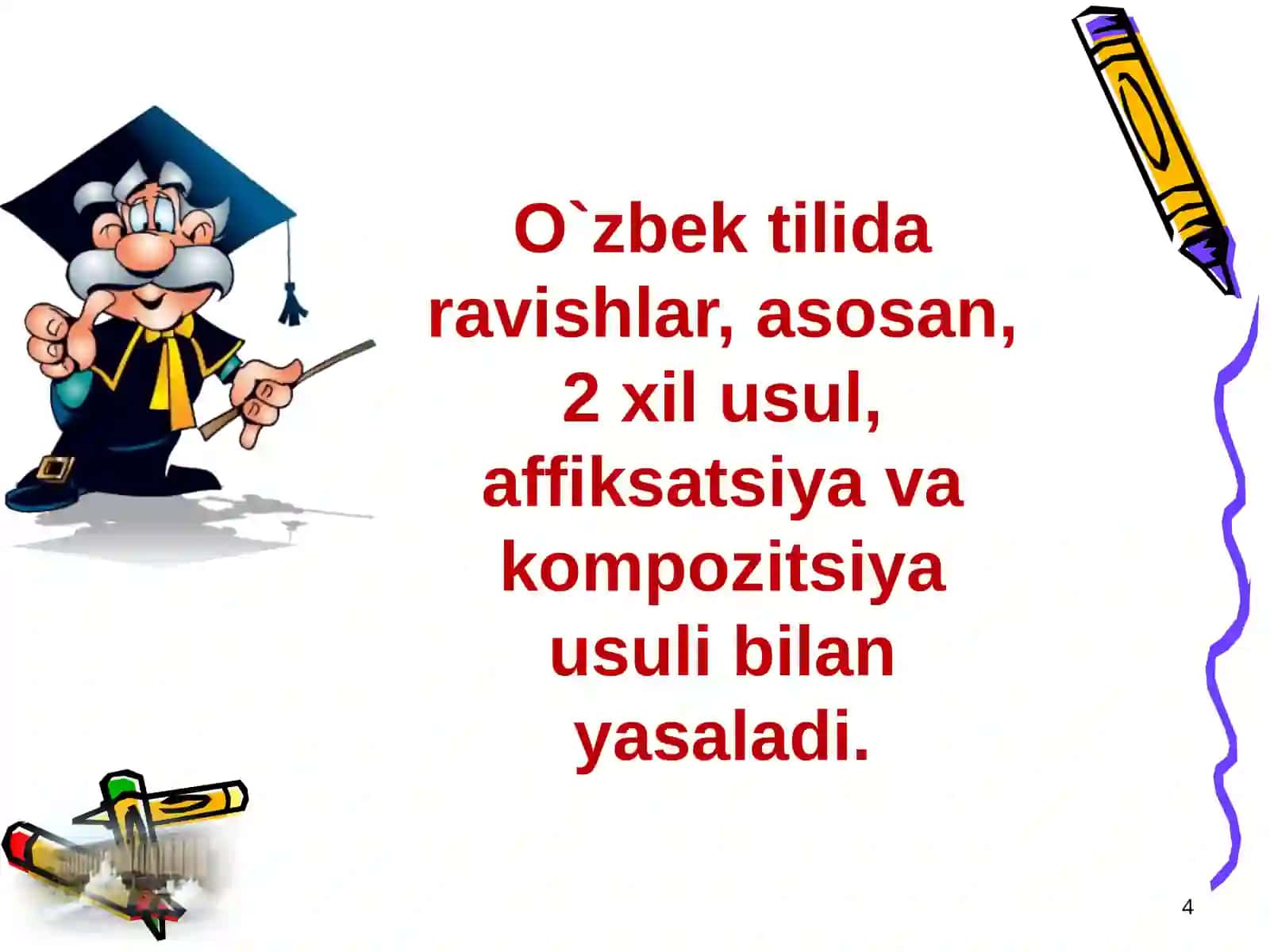 4-sinf Ona tili dars ishlanma. Ravishlarning yasalishi va tuzilishi jihatdan turlari 4