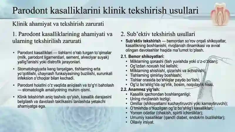 Parodont kasalliklari klinik tekshirish usullari (sub’ektiv, ob’ektiv tekshirish usullari, PMA, KPI, 4