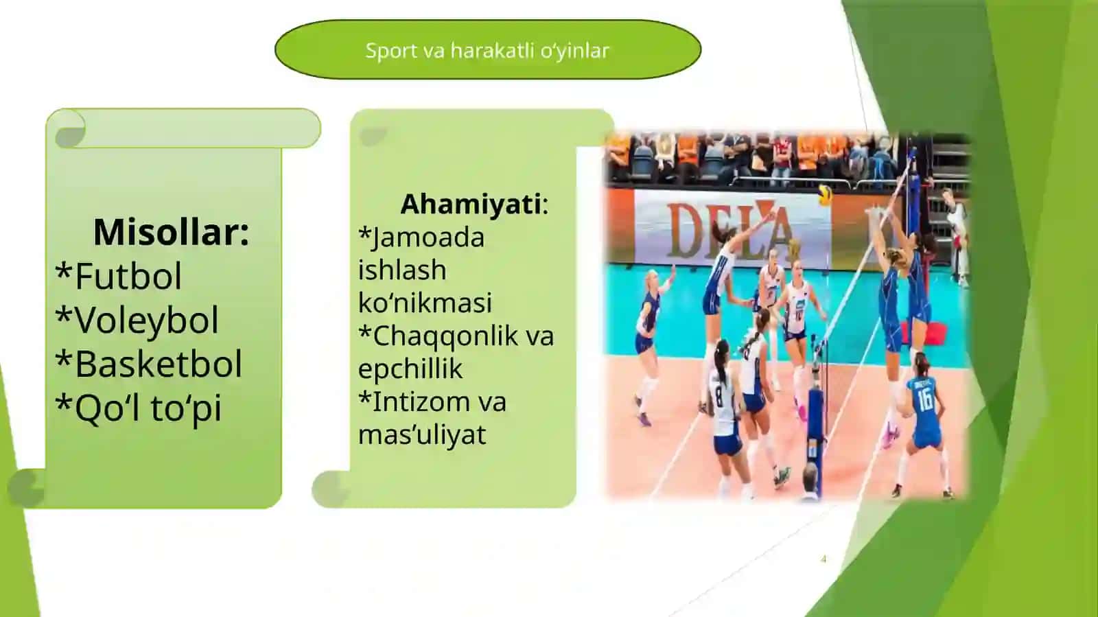 Mutaxassislik fanlari bo‘yicha (gimnastika, yengil atletika, sport va harakatli o‘yinlar, suzish, kurash turlari va boshqalar) 4