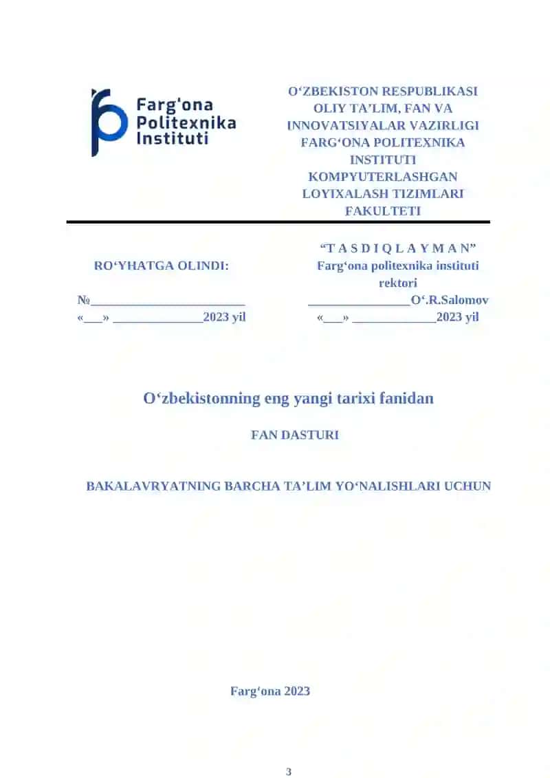 O‘zbekistonning eng yangi tarixi FANIDAN O‘QUV-USLUBIY MAJMUA 4
