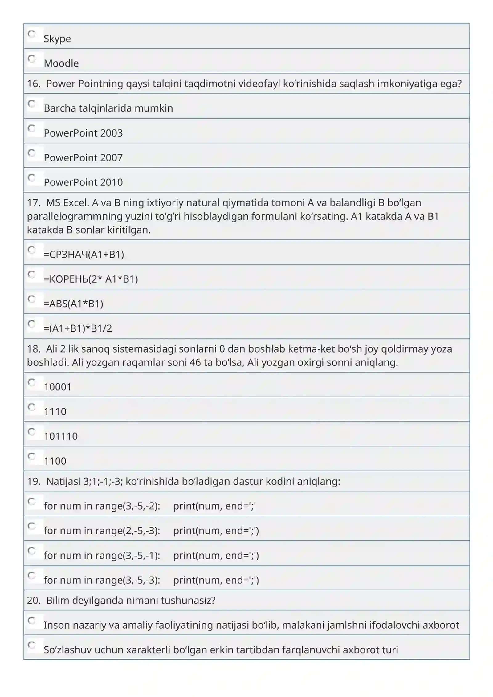 MS Excel. A1=4, B1=5, C1=6 uchlik qiymatlari va A1=100, B1=500, C1=1000 uchlik qiymatlari uchun natijasi o‘zgarmaydigan formlani aniqlang 4