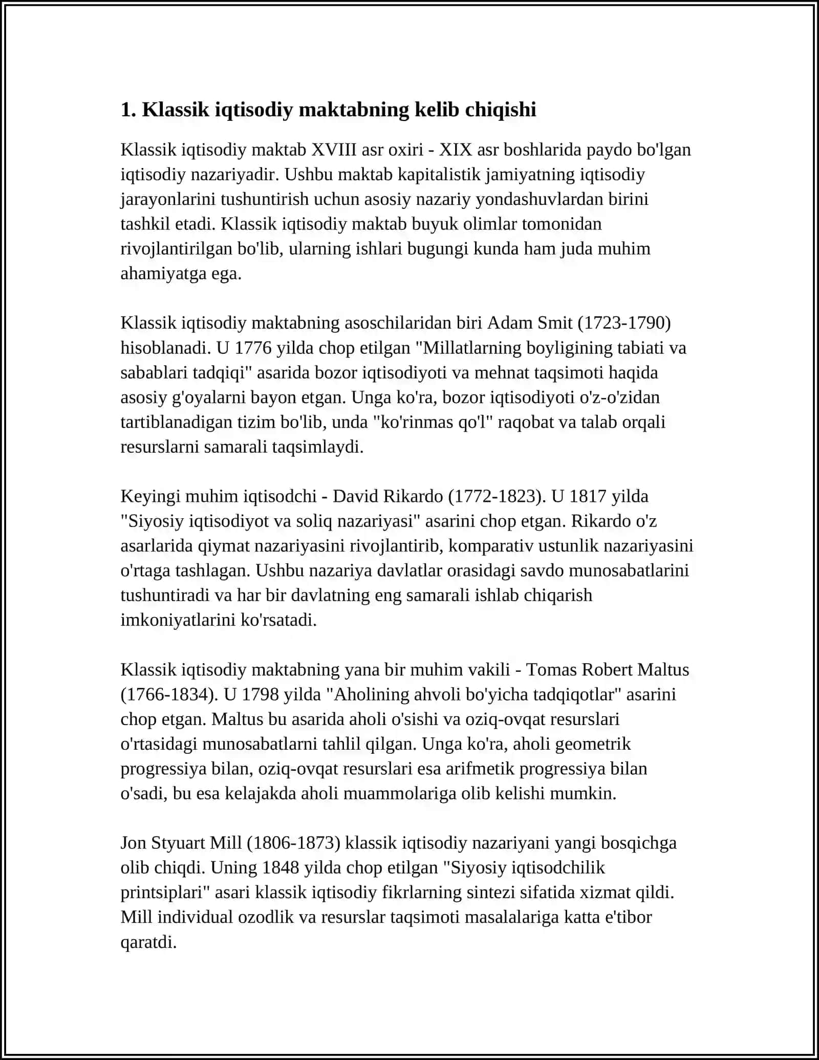 KLASSIK IQTISODIY MAKTABINING TOʻLA SHAKILLANISHI. ADAM SMIT VA DAVID RIKARDONING IQTISODIY TA’LIMOTLARI 4