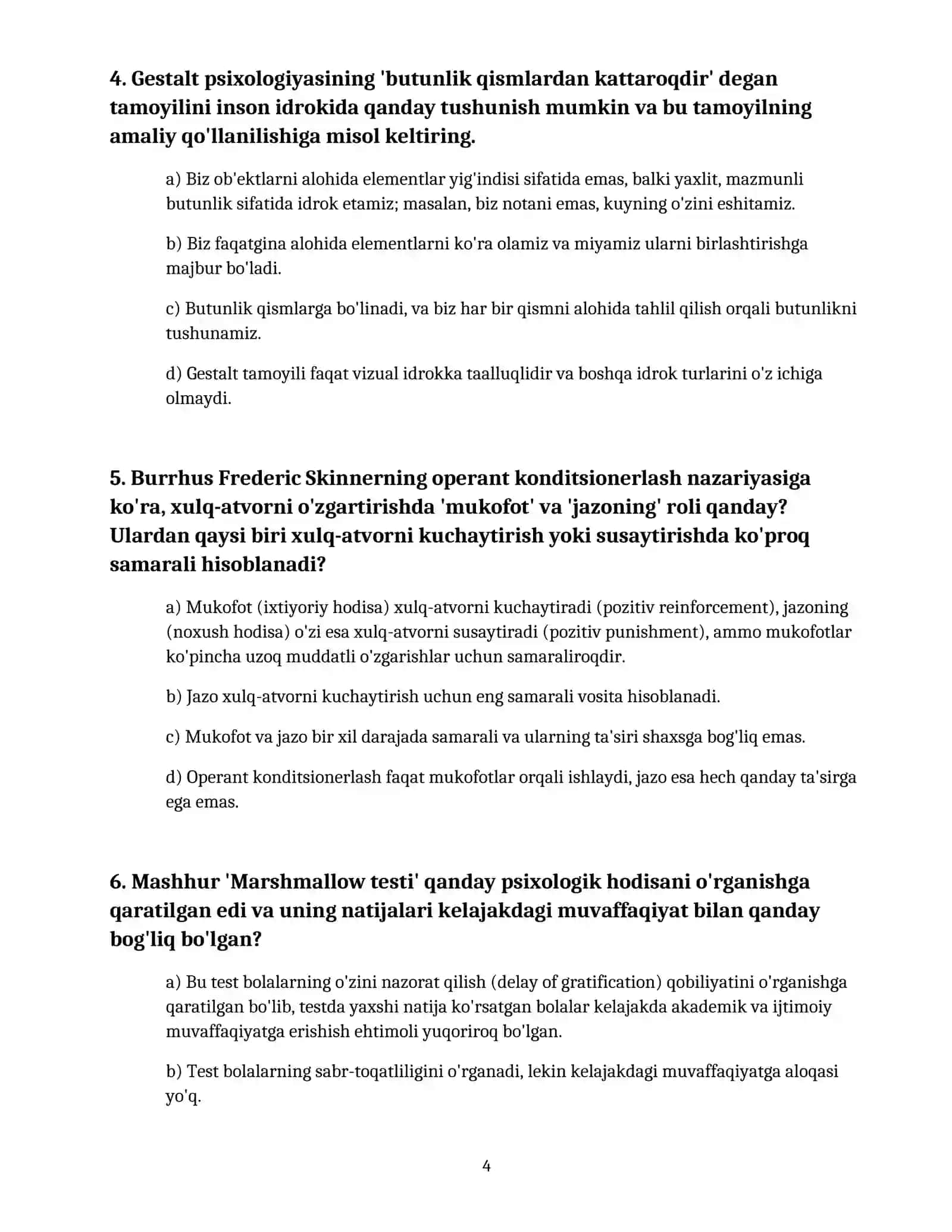 PSIXOLOGIYADAN 50TA TEST SAVOLLARI VA JAVOBLARI BILAN BIRGALIKDA 4