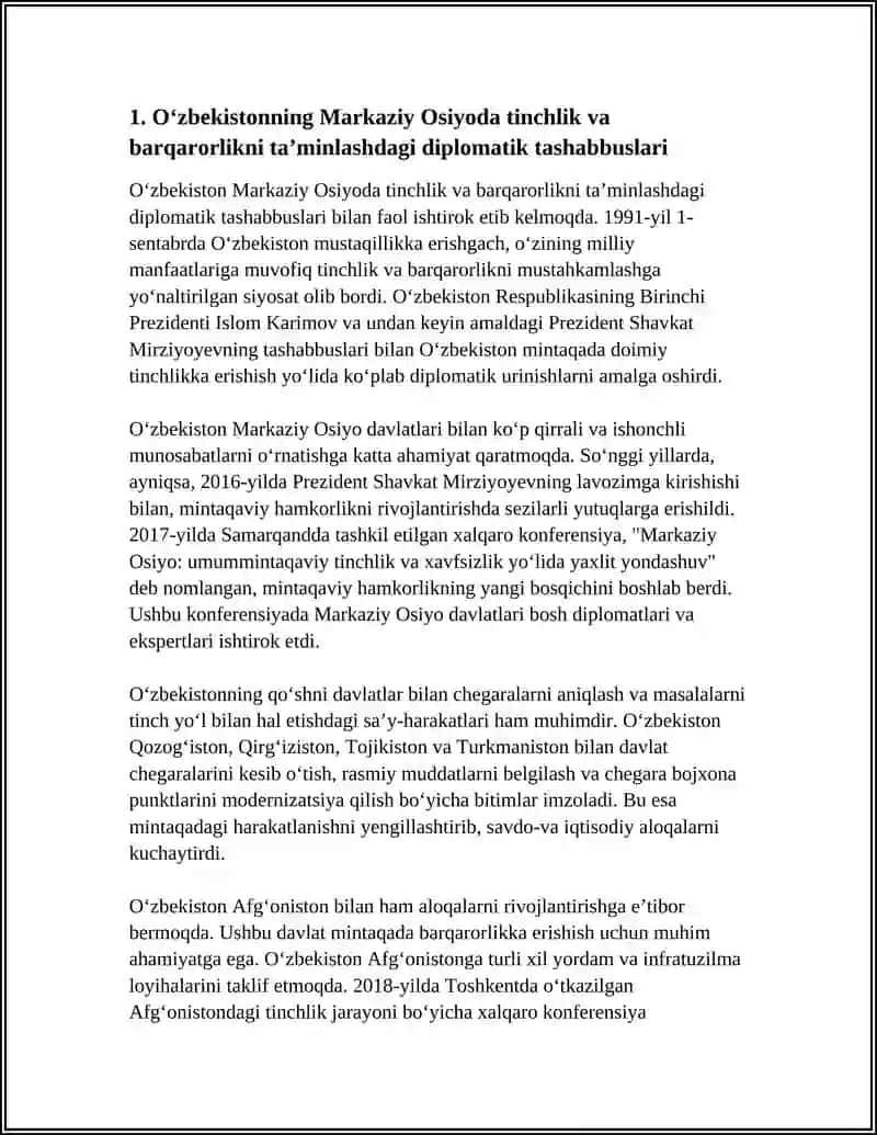 Oʻzbekistonning Markaziy OSIYODA TINCHLIK va BARQARORLIKNI TAʼMINLASHDAGI OʻRNI 4