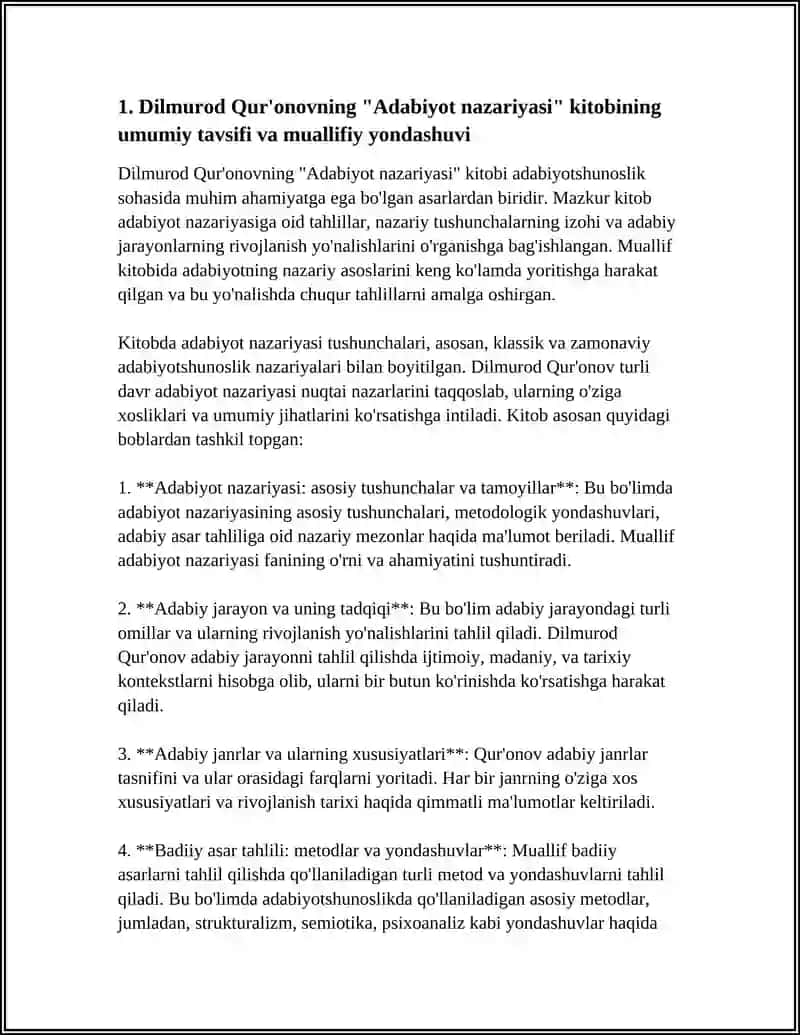 DILMUROD QURONOVNING "ADABIYOT NAZARIYASI " KITOBI BO'YICHA REFERAT TAYYORLASH 4