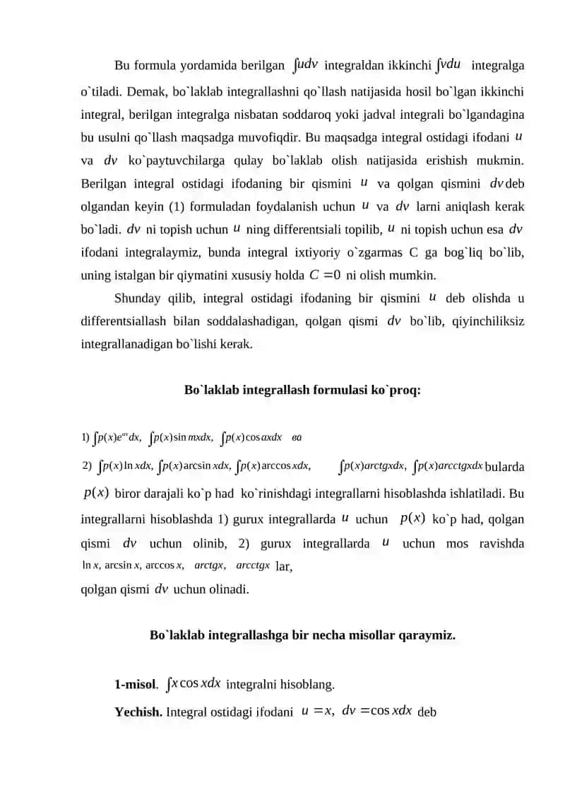 Aqmas intеgralda o`zgaruvchini almashtirish bo`laklab niintеgrallash 4