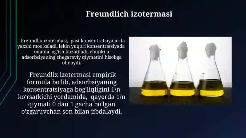 Suyuqliklarning qattiq modda sirtiga adsorbilanish izotermasi 4