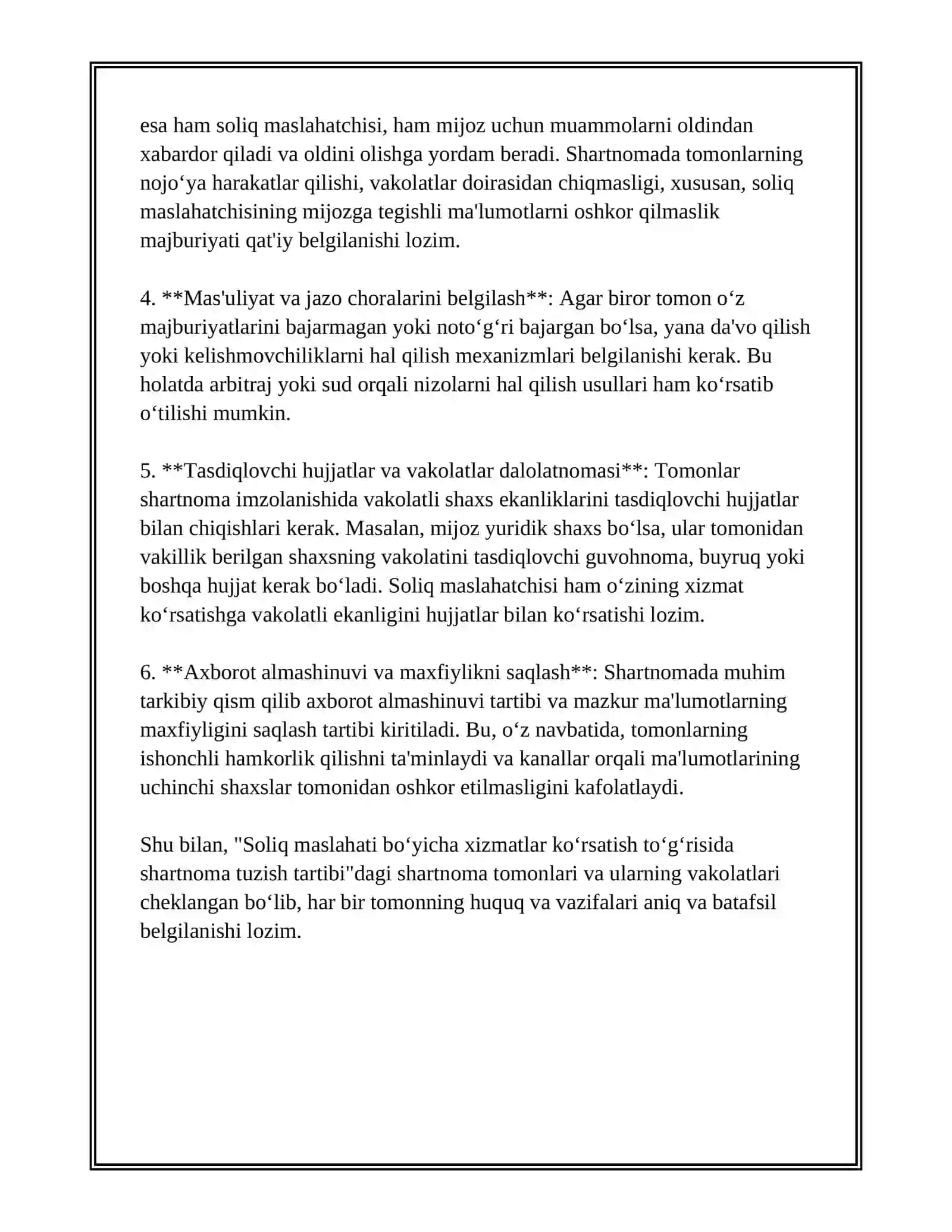 SOLIQ MASLAHATI BO‘YICHA XIZMATLAR KO‘RSATISH TO‘G‘RISIDA SHARTNOMA TUZISH TARTIBI 4