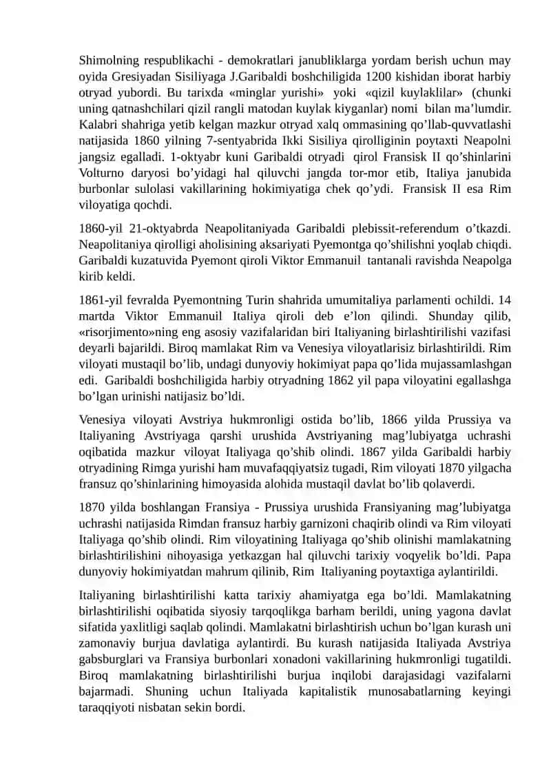 ITALIYA VA GERMANIYANING BIRLASHTIRILISHI. FRANSIYA-PRUSSIYA URUSHI VA UNING NATIJALARI. XVI-XVIII ASRLARDA AFRIKA XALQLARI 4