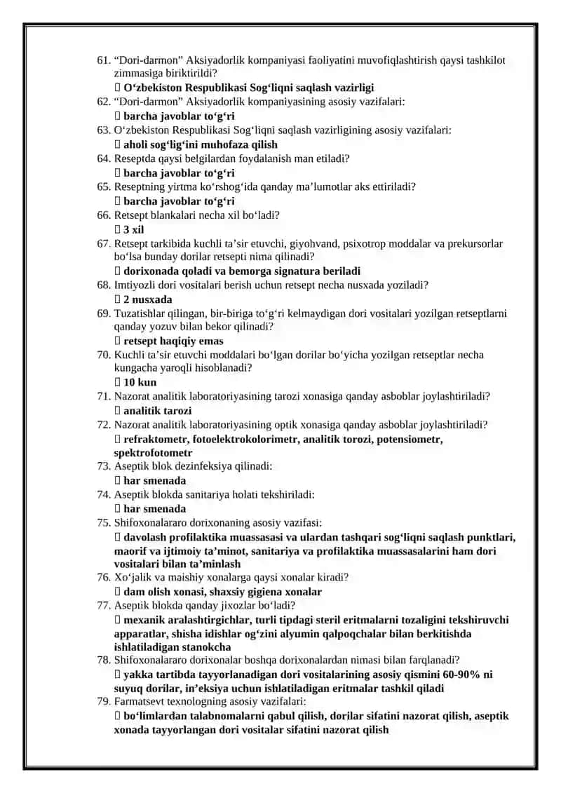 Farmatsiya mutaxassisligi boʻyicha shakllantirilgan test savollari roʻyxati 4