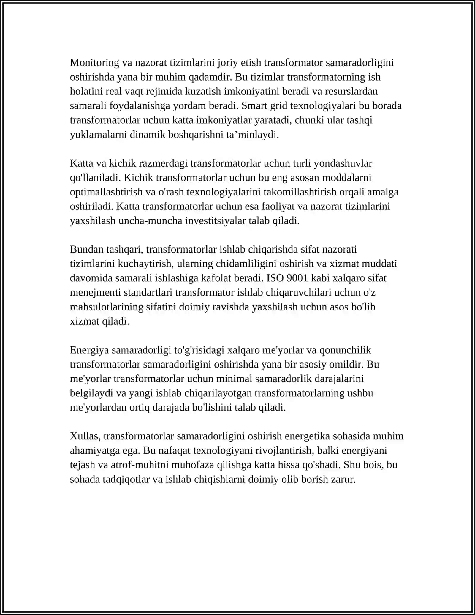 TRANSFORMATORLARNI YUKLAMA MARKAZIGA O'RNATISH ORQALI ENERGIYA ISROFINI KAMAYTIRISH 4