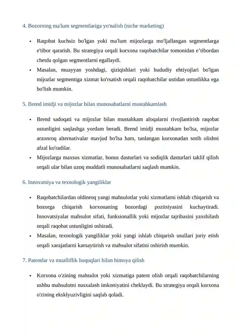 Korxona raqobat ustinligini saqlab qolish uchun ximoya strategiyalaridan foydalash 4
