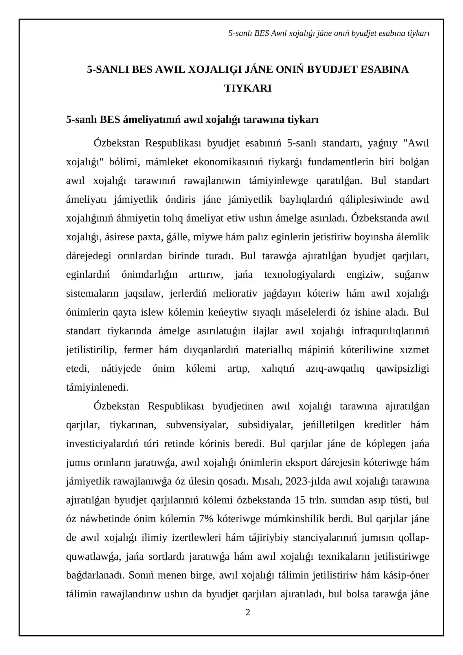 Ózbekstan Respublikası byudjet esabınıń standartı 5-sanlı BES Awıl xojalıģı 4