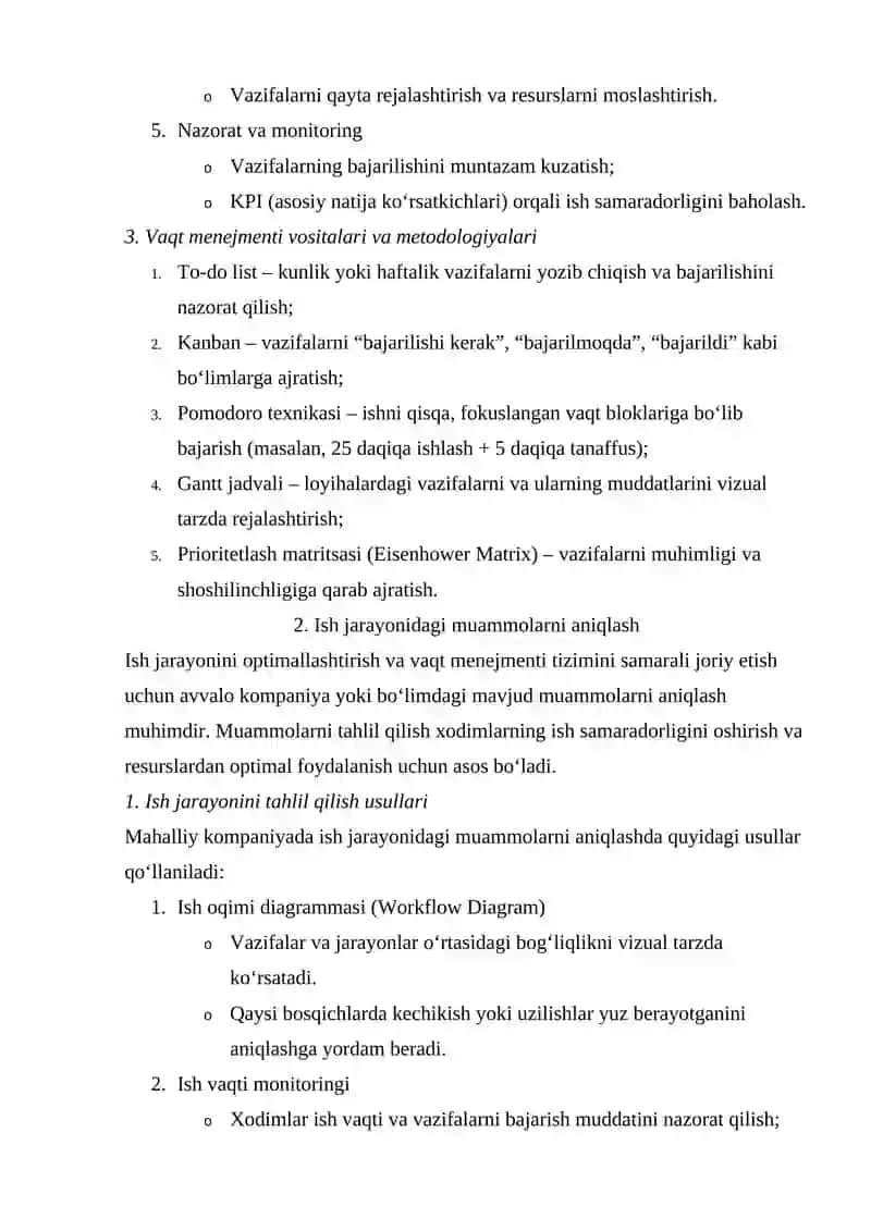 ISH JARAYONINI OPTIMALLASHTIRISH UCHUN VAQT MENEJMENT TIZIMINI YARATISH VA MUAMMONI ANIQLASH 4