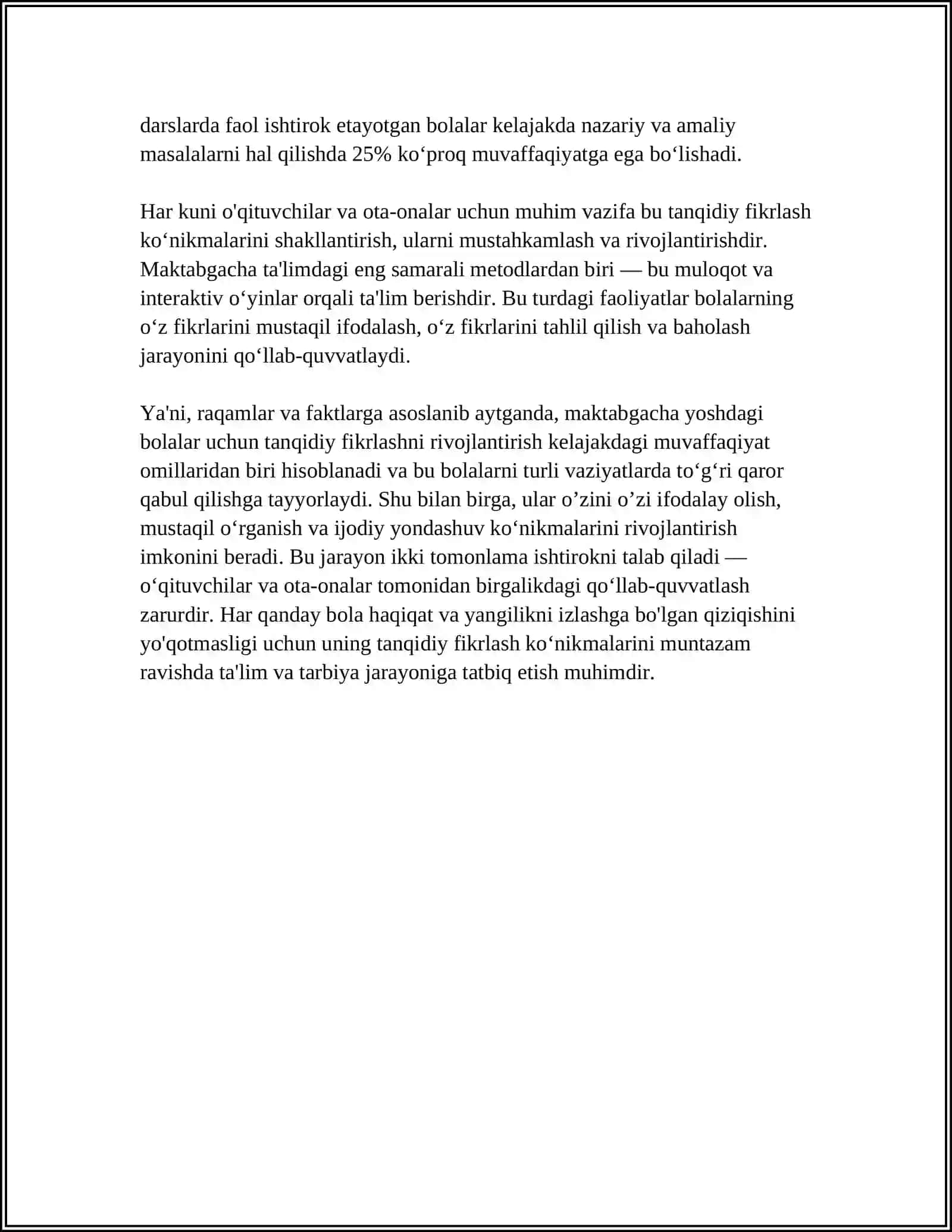 MAKTABGACHA YOSHDAGI BOLARDA TANQIDIY FIKIRLASHNI RIVOJLANTIRISH 4