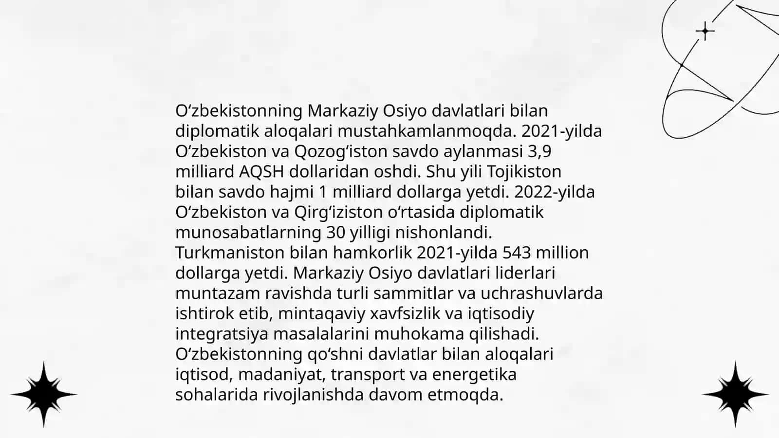O'zbekistonning Markaziy Osiyoda tinchlik va va barqarorlikni taminlashdagi oʼrni 4