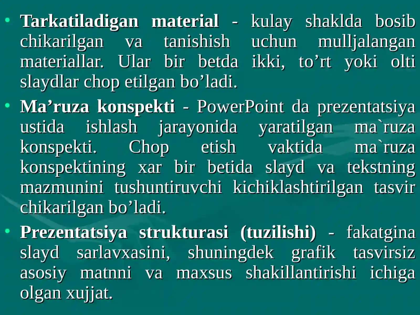 Kompyuterda taqdimot yaratish asoslari. Power Point dasturi. Slaydlar bilan ishlash. Taqdimotlar namoyishi.Animatsion effektlar o’rnatish. Slaydlarni bezash va chop etish 4