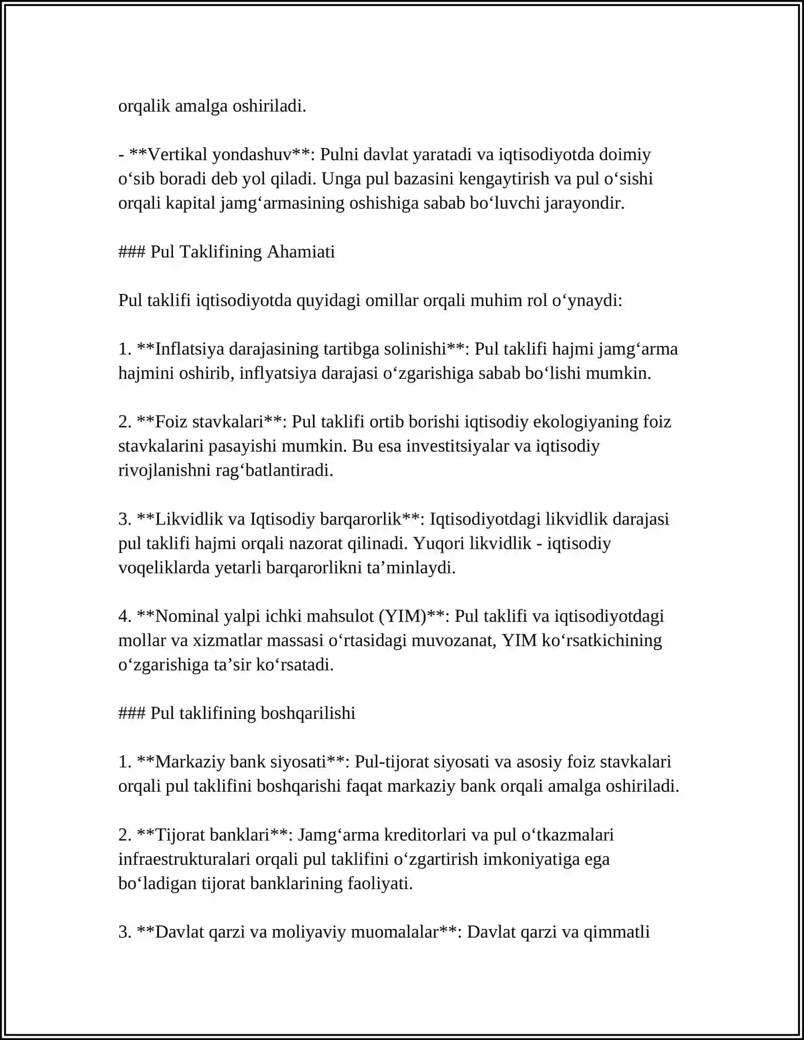 Pul taklifining OMILLARI VA XUSUSIYATLARI 4