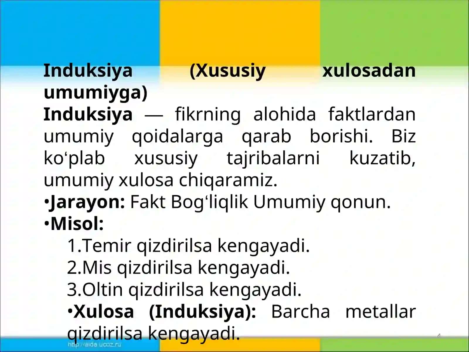 ABSTRAKSIYA VA KONKRETIZATSIYA. INDUKSIYA VA DEDUKSIYA 4