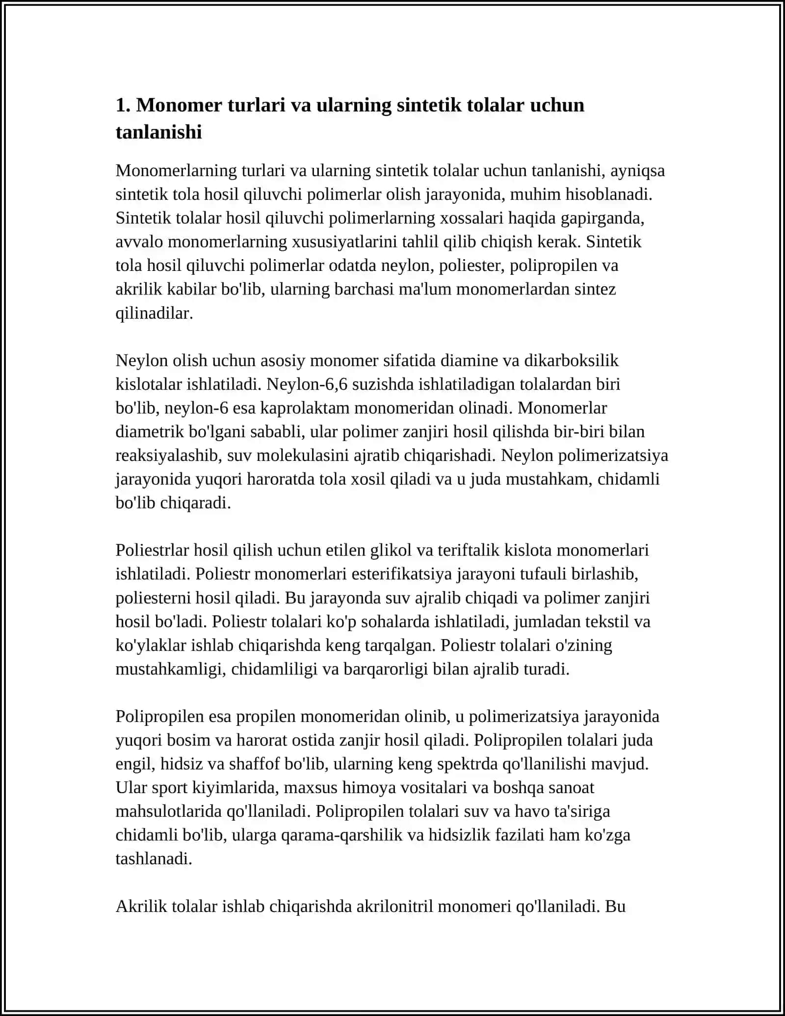 SENTETIK TOLA TOLA XOSIL QILUVCHI POLIMERLAR OLINISHI XOSSALARI 4