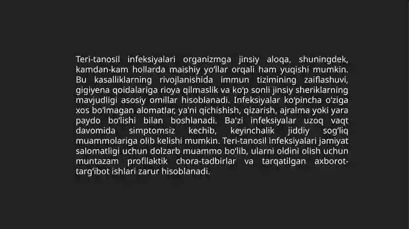 Teri-tanosil infeksiyalari zaxm, so zak, xlamidioz, mikoplazmoz, trixomonioz qo'zg'atuvchilarining tavsifi va tashhisi 4