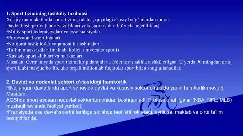 Xorijiy mamlakatlarda jismoniy tarbiya va sport tizimining tashkil etilishi 4