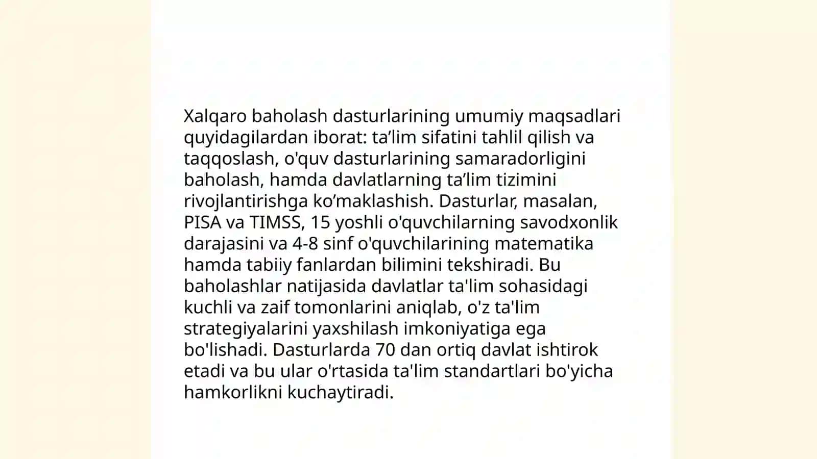 Xalqaro baholash dasturlarining ahamiyati, maqsadi, umumiy maqsadlari va mazmuni 4