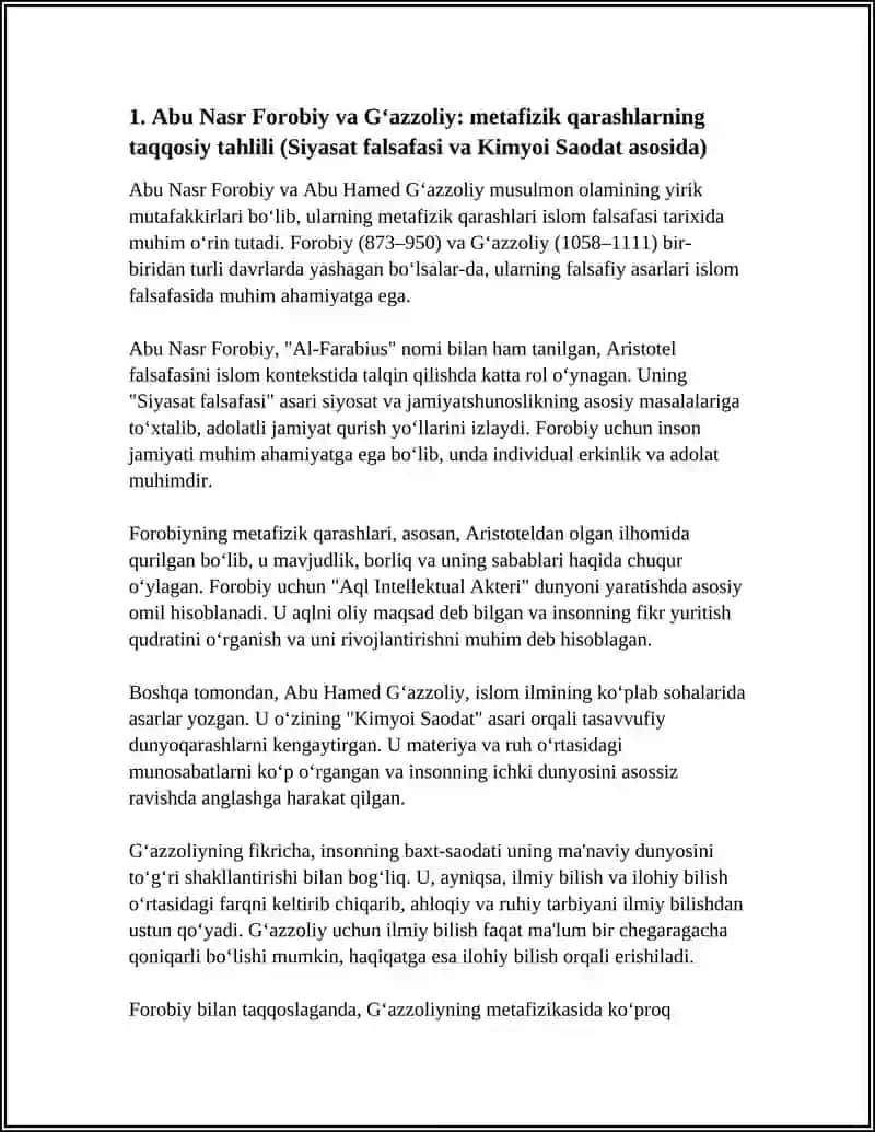 ABU NASR FOROBIY VA GʻAZZOLIYNING FALSAFAGA OID QARASHLARINI QIYOSIY TAHLIL ETISH FOROBIYNING SIYOSAT FALSAFASI VA GʻAZZOLIYNING KIMYOI SAODAT ASARI ASOSIDA.VA KRASVORD TUZISH 4