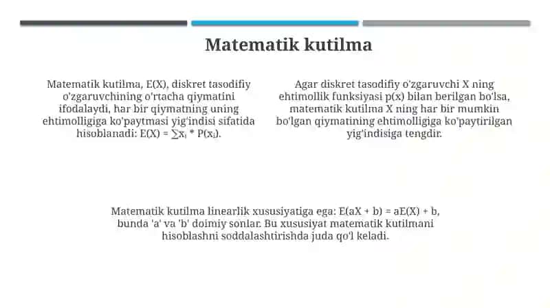 Diskret tasodifiy miqdorning sonli xarasteristikalari 4