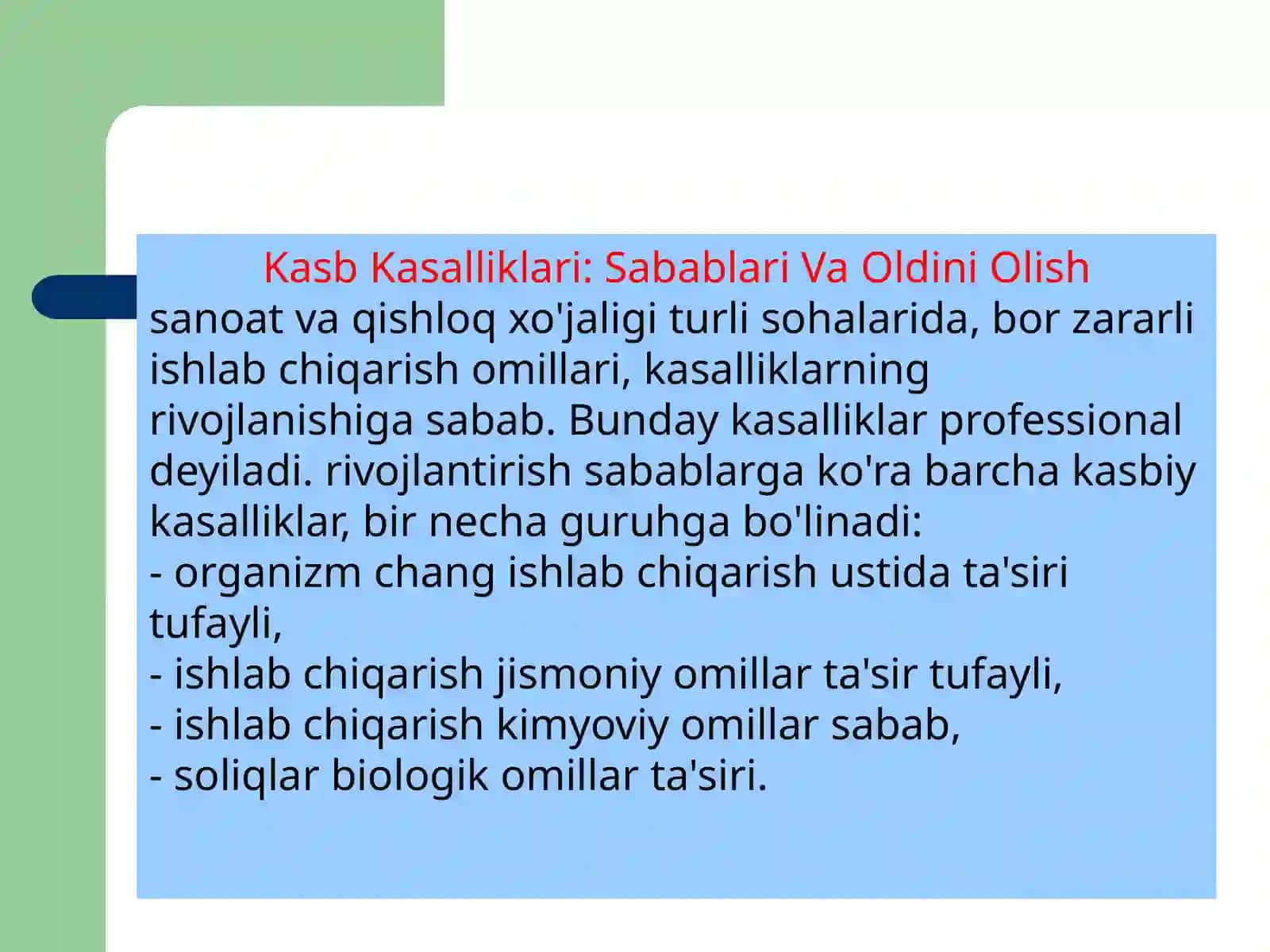 Kasb kasalliklari, kelib chiqish sabablari va oldini olish choralari 4