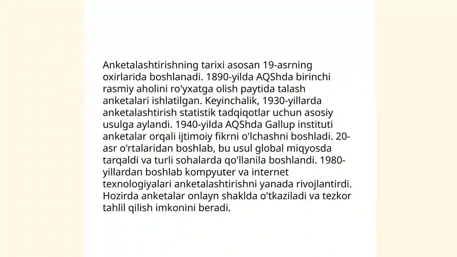 Anketalashtirish turlari metodi va unga qoʻyiladigan asosiy talablar 4