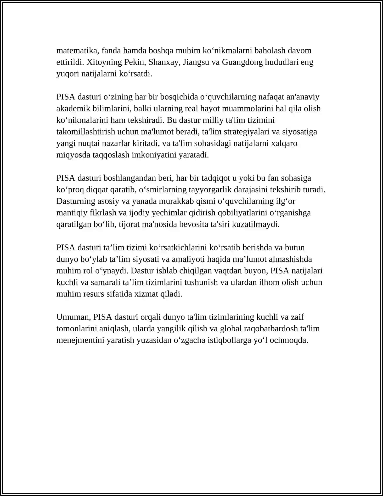 PISA-O‘QUVCHILARNI TA’LIMIY YUTUQLARINI BAHOLASH XALQARO DASTURI 4