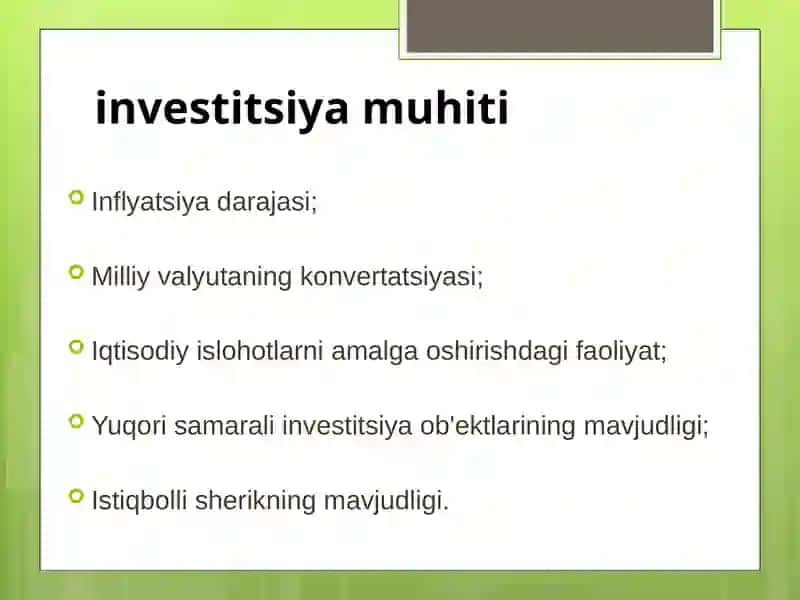 Mamlakatda investitsion muhitni shakllantirish mexanizmlari 4