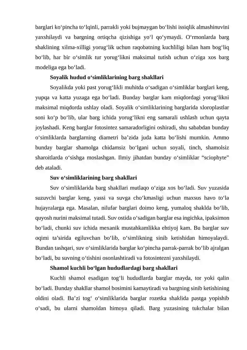 O‘simliklarning moslanish sifatida barg shakllarining xilma-xilligini ilmiy izohlash 4
