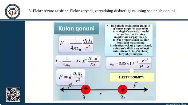 Elektr o‘zaro ta’sirlar. Elektr zaryadi, zaryadning diskretligi va uning saqlanish qonuni 4
