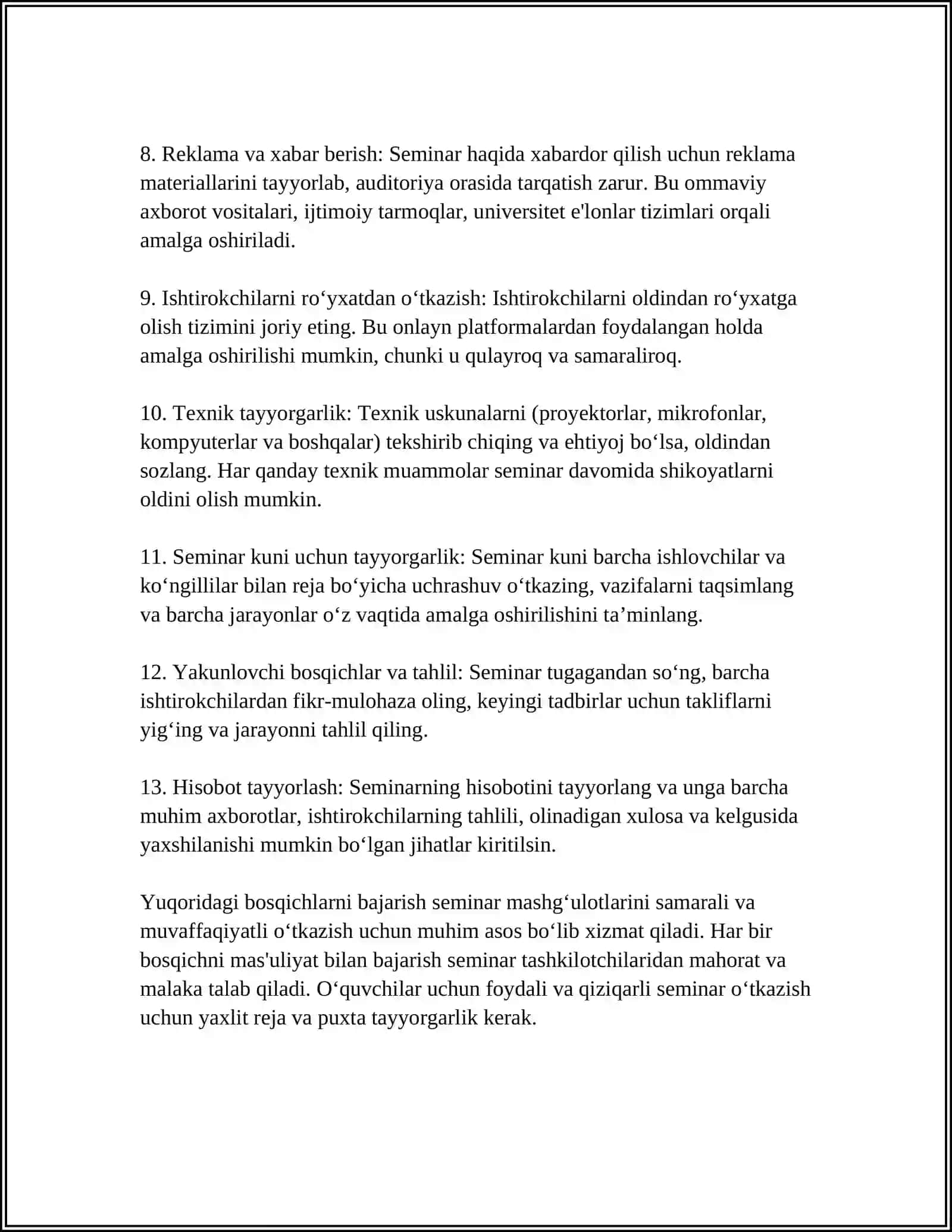 SEMINAR MASHGʻULOTLARIGA TAYYORGARLIK KOʻRISH VA UY ISHLARINI BAJARISH 4