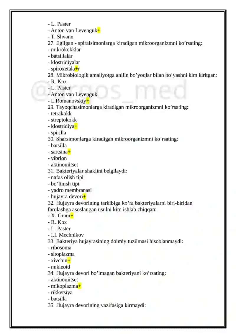 Sanepidqo'm laboratoriyalari laboranti (Bakteriologik) mutaxassisligi bo'yicha shakllantirilgan test savollari ro'yxati 4