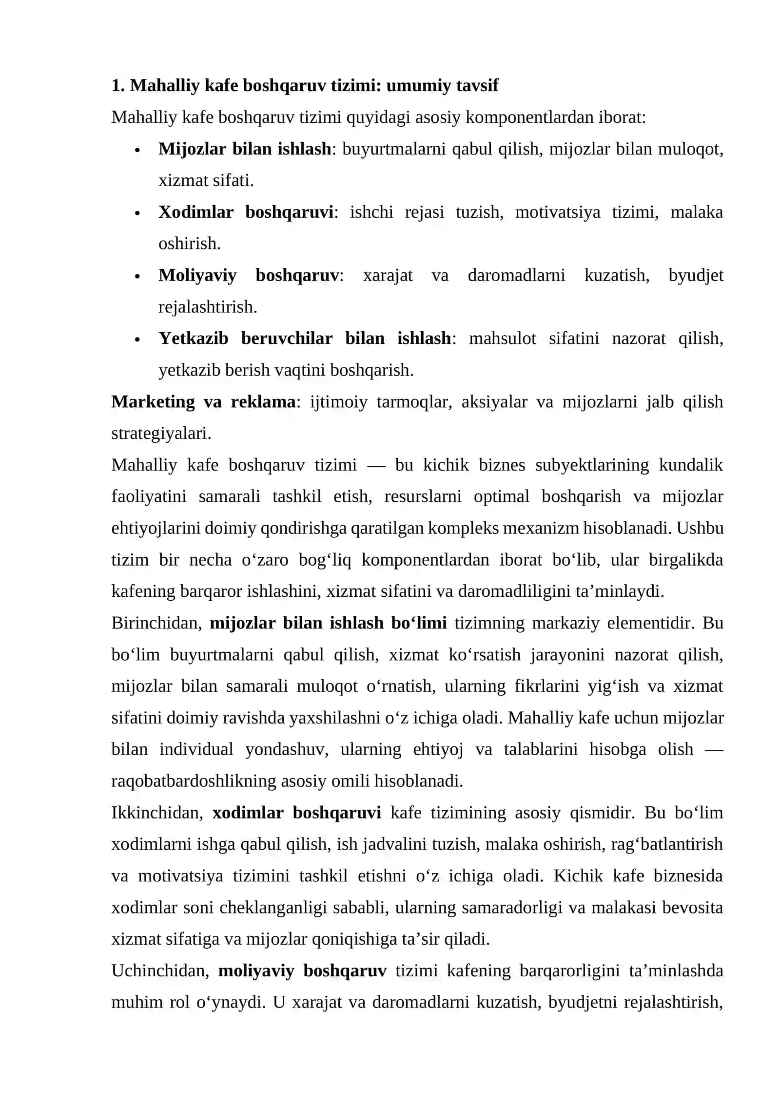 MAHALLIY KICHIK BIZNES: KAFE BOSHQARUV TIZIMINI TAHLIL QILISH VA KUCHLI VA ZAIF TOMONLARINI ANIQLASH 4