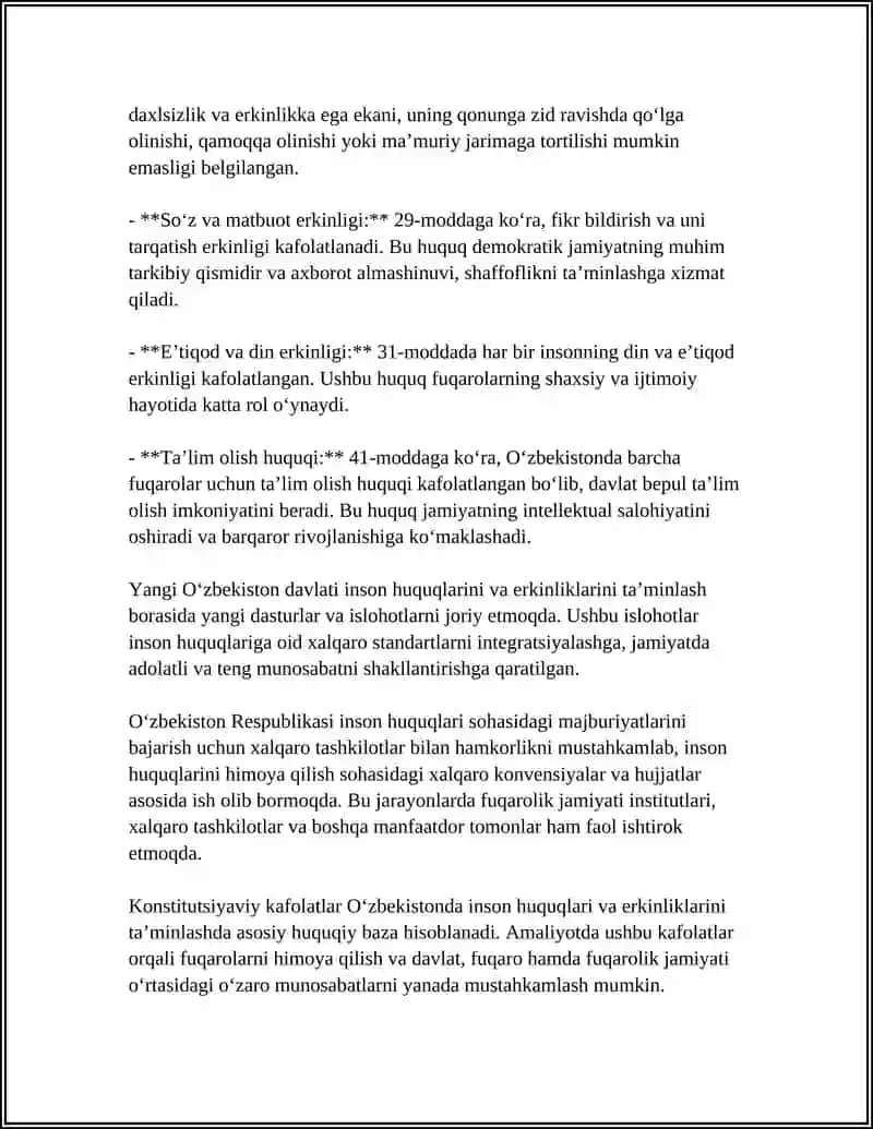 YANGI O‘ZBEKISTONDA INSON HUQUQLARI VA ERKINLIKLARI KAFOLATINING YARATILISHI 4
