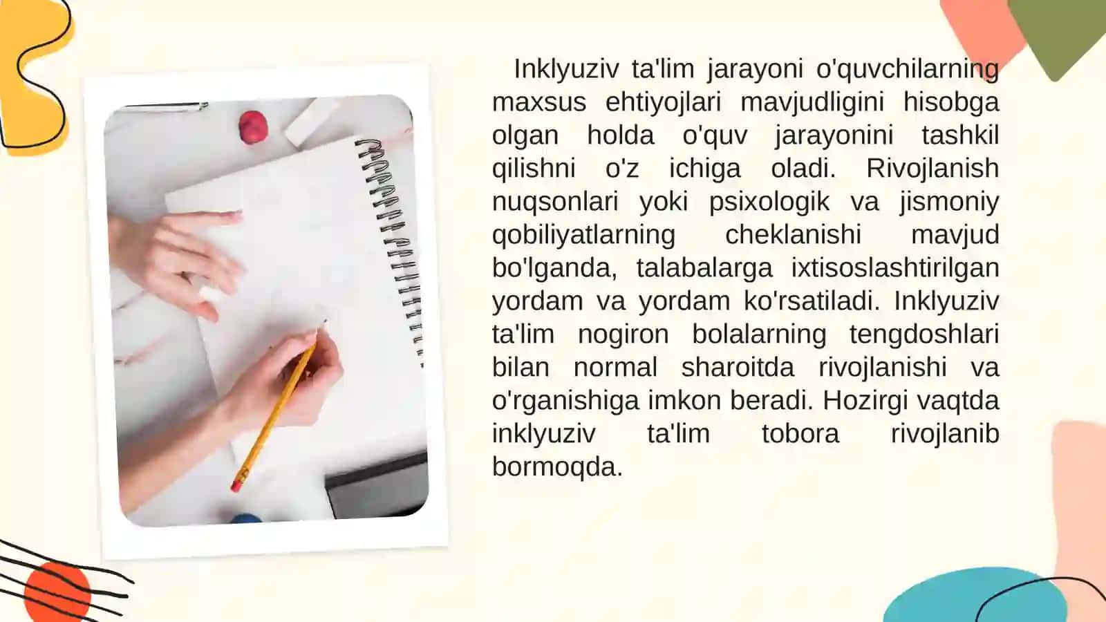Imkoniyati cheklangan bolalar turlari va ularni inklyuziv taʼlimga jalb etish, inklyuziv taʼlimga bo‘lgan ehtiyojlar va sabablari 4