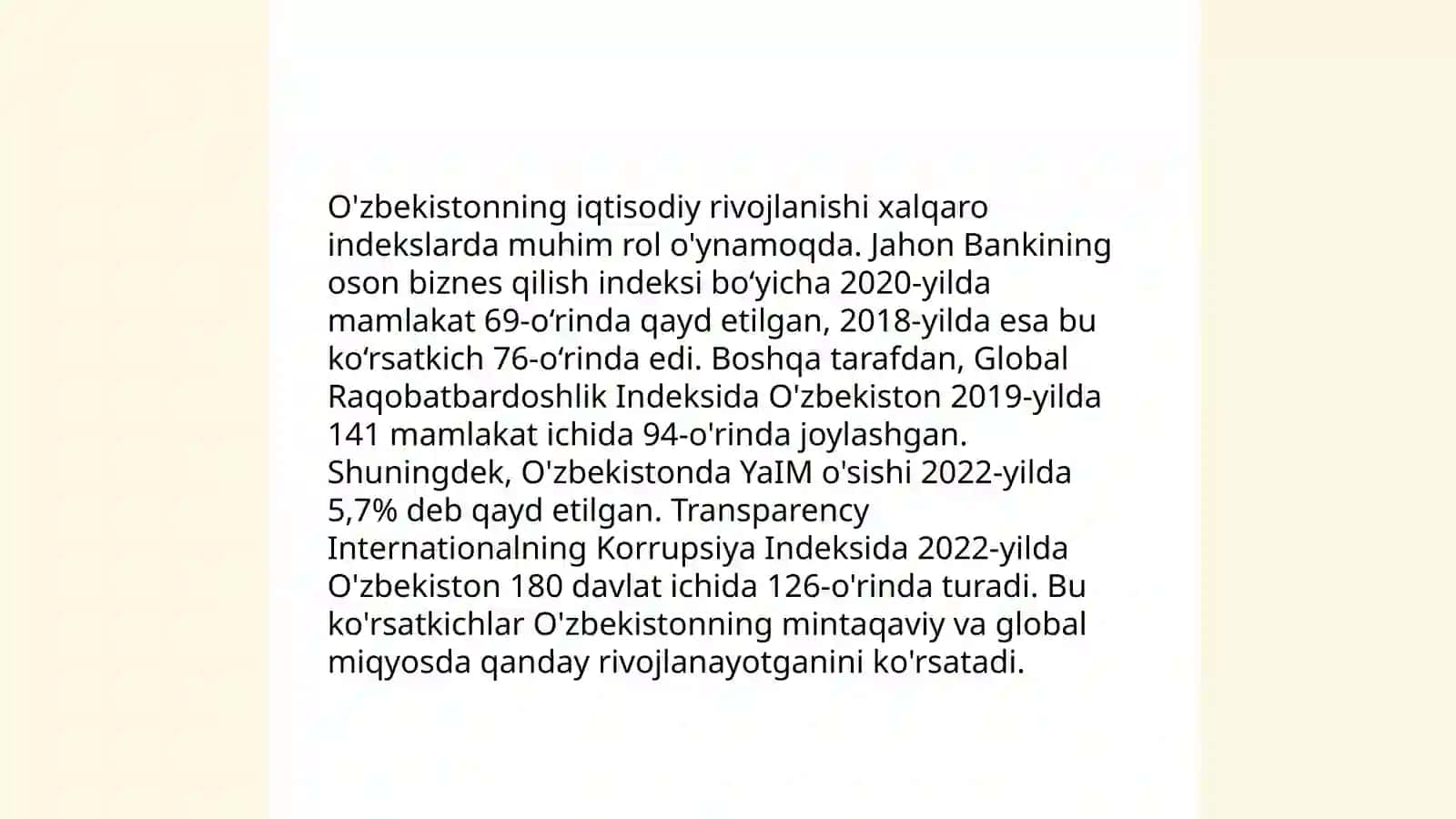 Yangi O'zbekistonning ijtimoiy-siyosiy, iqtisodiy va madaniy hayotida ro'y berayotgan o'zgarishlarning xalqaro reyting va indeksiyalarda aks etishi 4