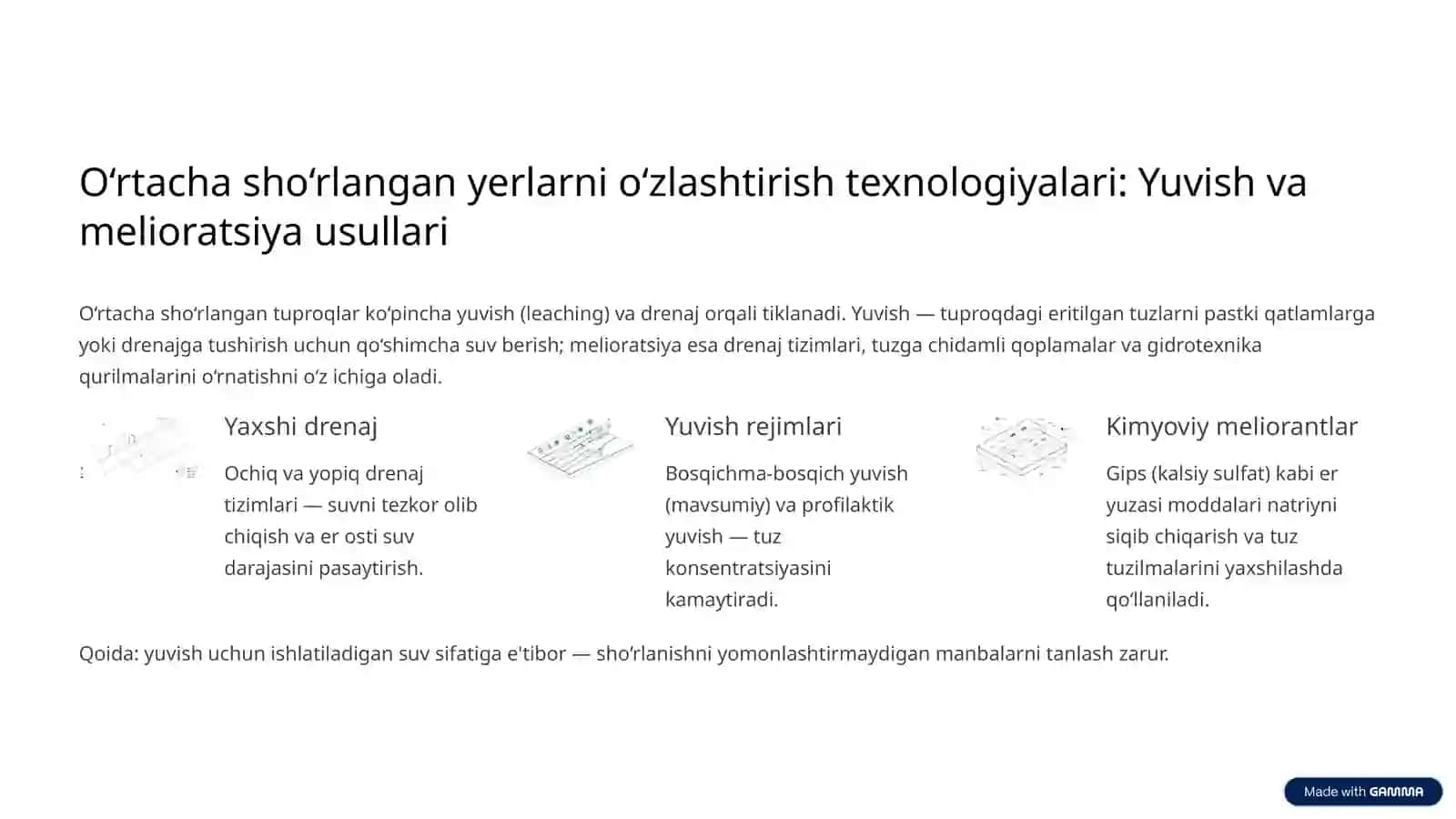 O‘rtacha va kuchli sho‘rlangan yerlarni o‘zlashtirish texnologiyasi va ulardan samarali foydalanish yo‘llari 4